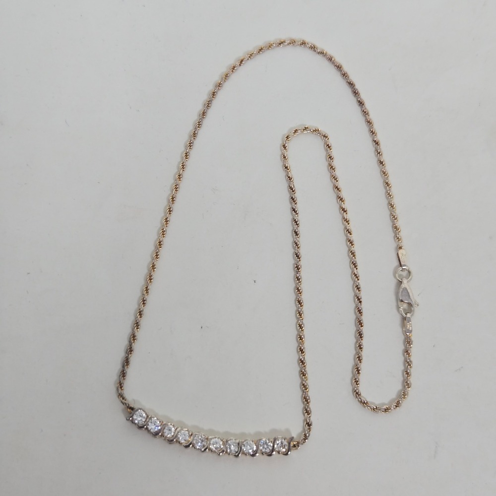 925‎ Sterling Silver Cubic Zirconia Curved Bar Rope Chain Necklace 16 Inch